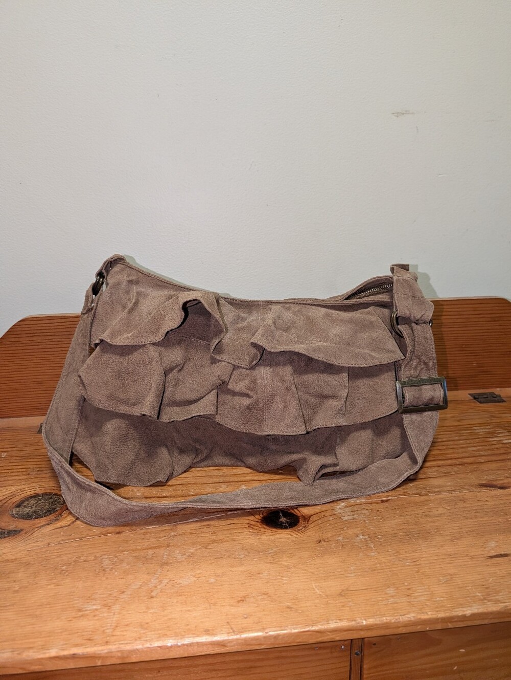 Lizden Genuine Suede Leather Ruffle Hobo Shoulder Bag Brown Boho Y2K